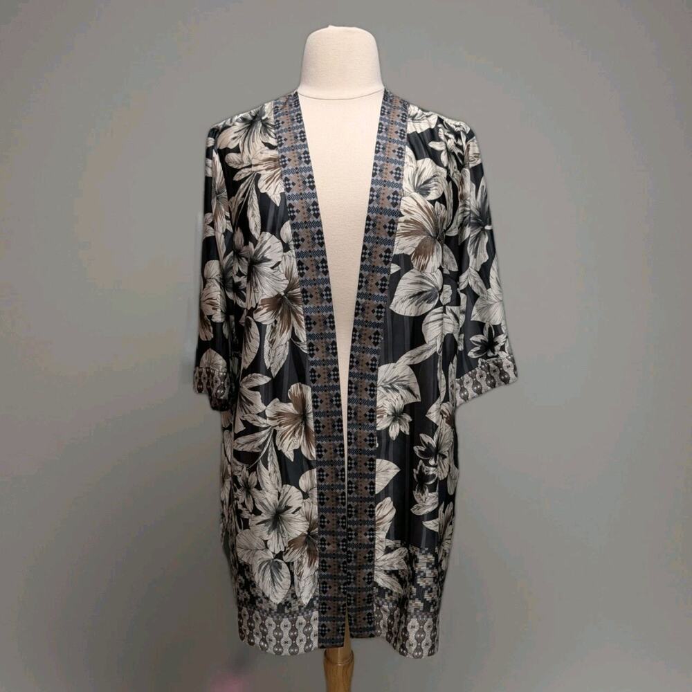 Susan Graver Kimono Cardigan Top Satin Grey Floral XL